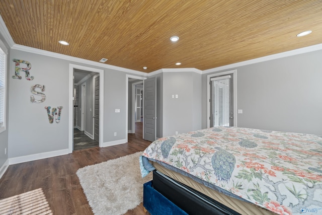 bedroom with a closet, dark hardwood / wood-style flooring, wooden ceiling, and ornamental molding