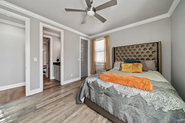 bedroom featuring hardwood / wood-style floors, ceiling fan, and ornamental molding