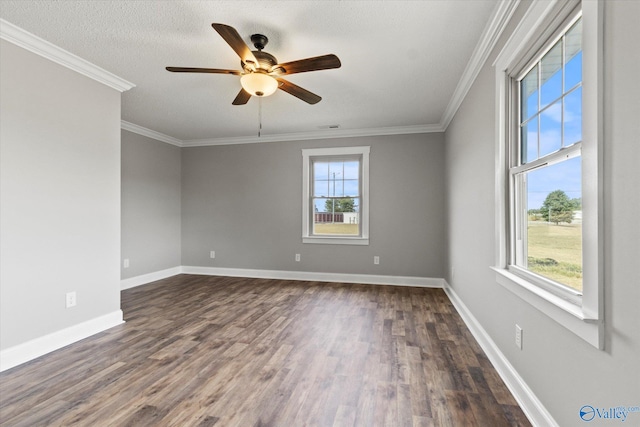 unfurnished room with crown molding, dark wood-type flooring, ceiling fan, and a textured ceiling