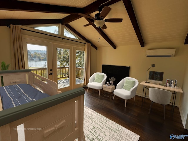 bedroom with access to exterior, dark hardwood / wood-style floors, lofted ceiling with beams, a water view, and a wall mounted air conditioner