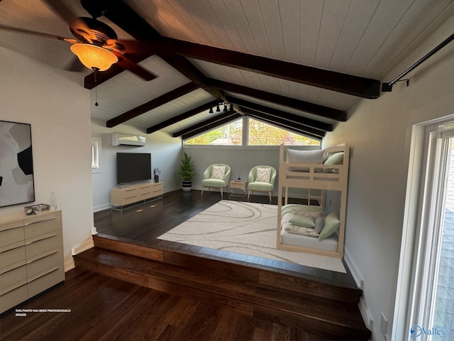 bedroom featuring an AC wall unit, wood ceiling, dark hardwood / wood-style flooring, lofted ceiling with beams, and ceiling fan