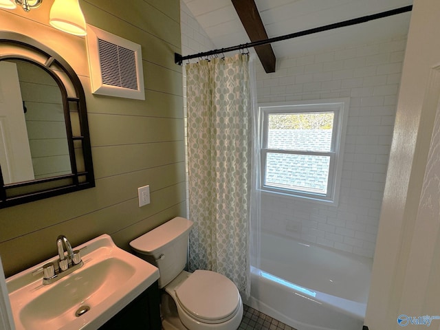 full bathroom featuring toilet, wooden walls, shower / bath combo, vanity, and beamed ceiling