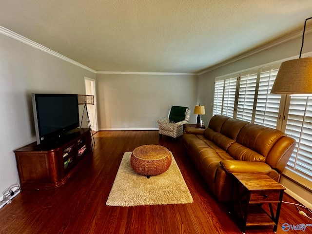 living room with a textured ceiling, dark hardwood / wood-style flooring, and ornamental molding