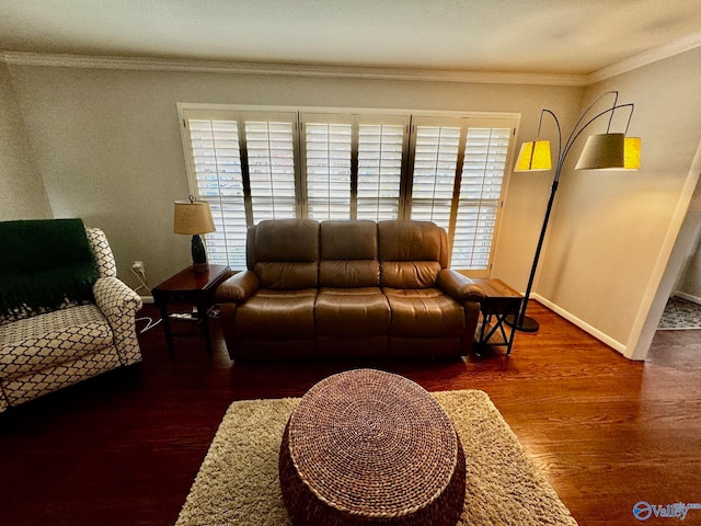 living room featuring dark wood-type flooring and ornamental molding