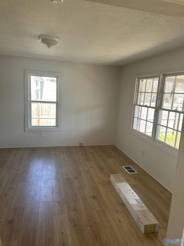 spare room featuring wood-type flooring, a wealth of natural light, and a textured ceiling