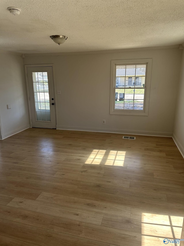 spare room with a healthy amount of sunlight, light hardwood / wood-style floors, and a textured ceiling