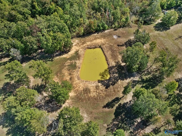 drone / aerial view with a wooded view