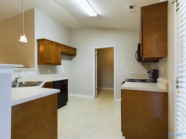 kitchen featuring black appliances, sink, vaulted ceiling, a textured ceiling, and decorative light fixtures