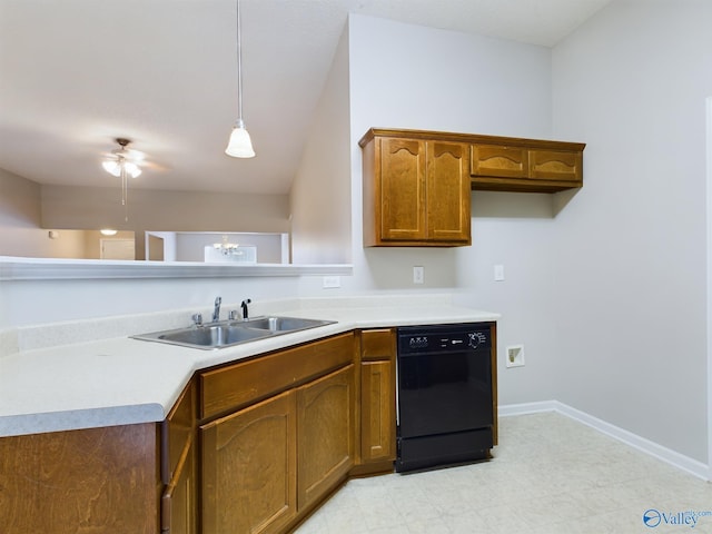 kitchen with sink, black dishwasher, and hanging light fixtures