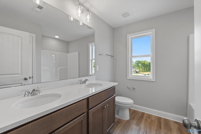 bathroom featuring vanity, toilet, and hardwood / wood-style floors