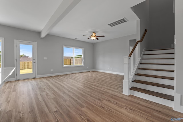 unfurnished living room with ceiling fan, beam ceiling, and light hardwood / wood-style flooring