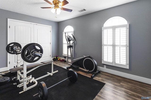 exercise area featuring ceiling fan and dark hardwood / wood-style floors