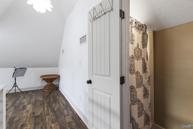 bathroom featuring lofted ceiling and wood-type flooring