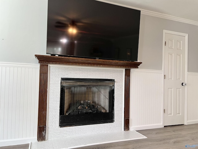 room details with ornamental molding, wainscoting, a fireplace with raised hearth, and wood finished floors