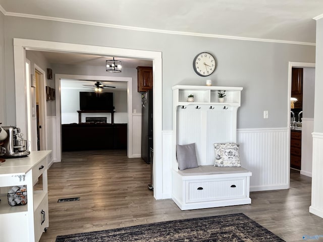 mudroom with ornamental molding, a wainscoted wall, a fireplace, and wood finished floors