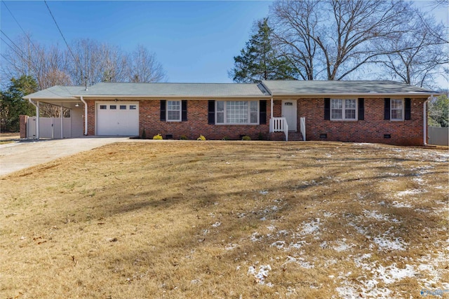 ranch-style house featuring driveway, brick siding, crawl space, and an attached garage