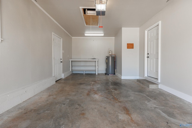 garage with baseboards, a garage door opener, and electric water heater