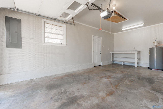 garage with water heater, electric panel, and a garage door opener