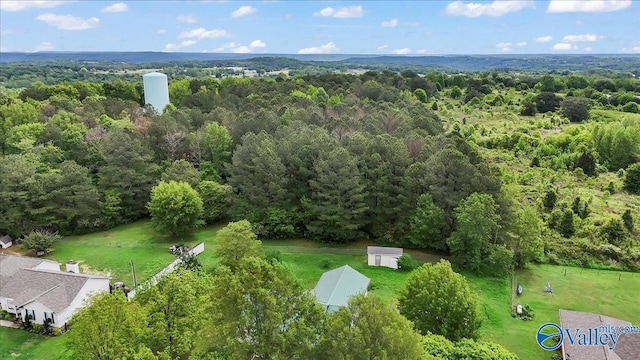 birds eye view of property featuring a forest view