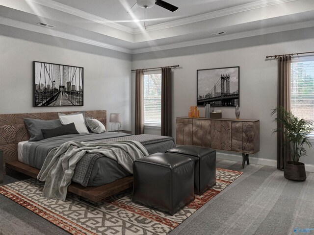 208 Fallow Cir, Madison, AL 35757 - bedroom featuring a raised ceiling, crown molding, carpet, and a ceiling fan