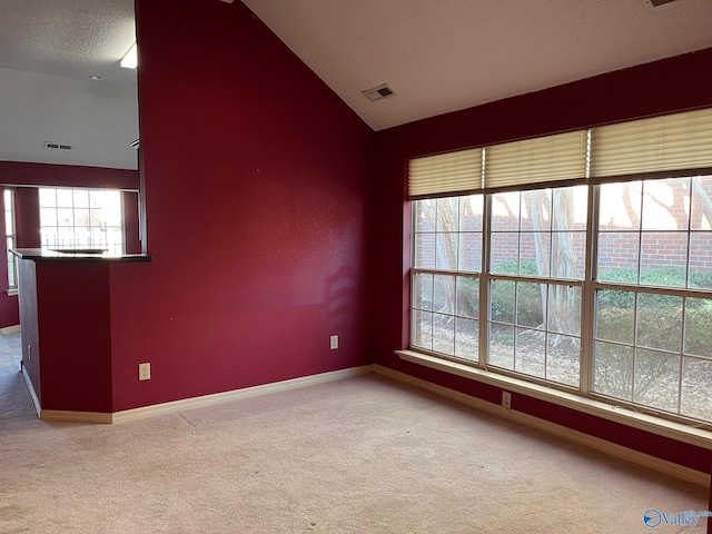 carpeted spare room with a textured ceiling and vaulted ceiling