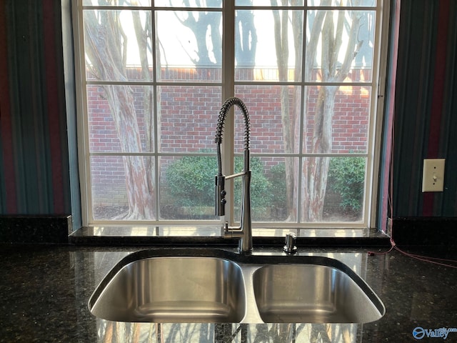 room details featuring dark stone countertops and sink