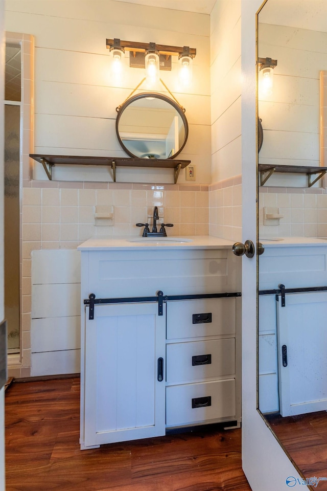 bathroom featuring tasteful backsplash, wood finished floors, and vanity