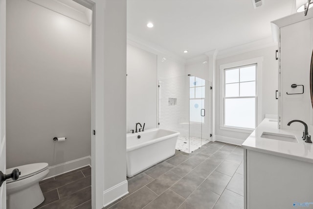 full bathroom featuring ornamental molding, separate shower and tub, tile patterned floors, and toilet