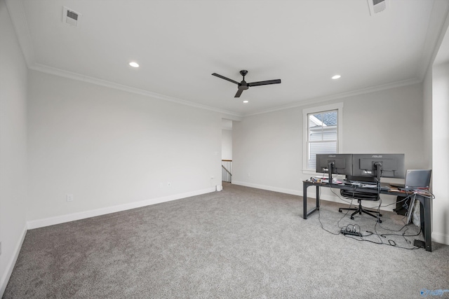 carpeted office with ceiling fan and ornamental molding