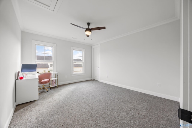 interior space featuring ceiling fan, ornamental molding, and carpet