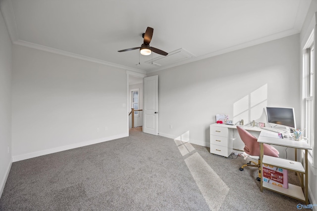 office featuring ornamental molding, carpet floors, and ceiling fan