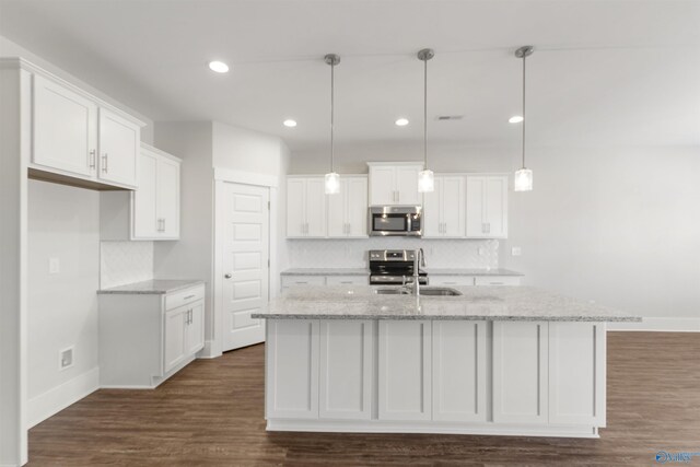 kitchen with dark wood-style flooring, a sink, white cabinets, appliances with stainless steel finishes, and an island with sink