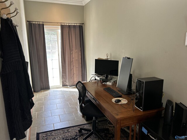 tiled home office with ornamental molding