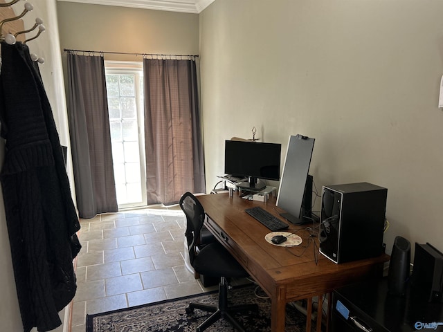 office with ornamental molding and tile patterned flooring