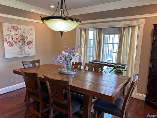 dining room featuring crown molding and dark wood-type flooring