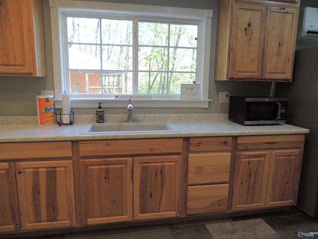 kitchen with stainless steel microwave, a sink, and light countertops