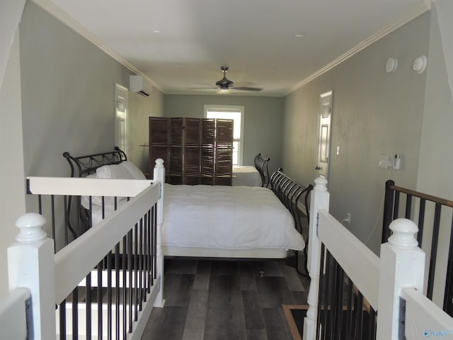 bedroom featuring ceiling fan, wood finished floors, a wall mounted AC, and ornamental molding