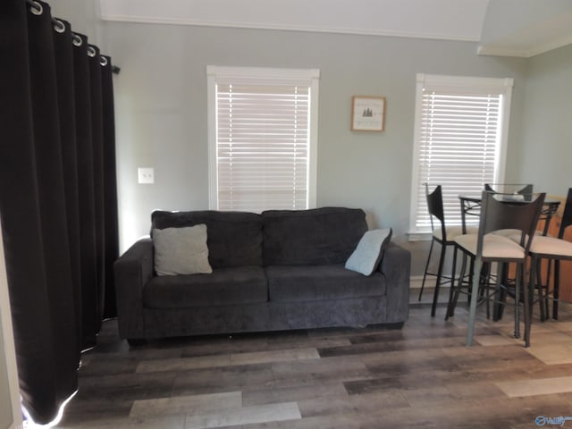 living room featuring baseboards, ornamental molding, and wood finished floors