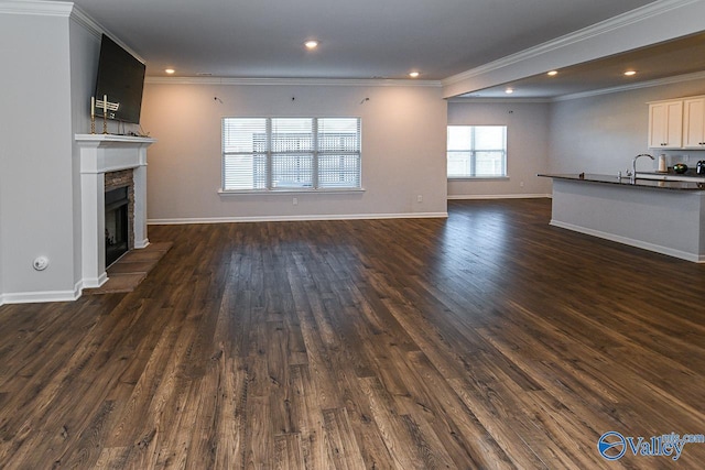 unfurnished living room featuring dark wood-type flooring, ornamental molding, and sink