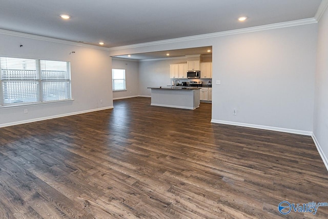 unfurnished living room with sink, dark hardwood / wood-style floors, and ornamental molding