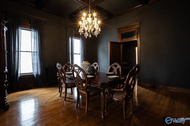 dining area with coffered ceiling, beamed ceiling, a notable chandelier, and wood finished floors