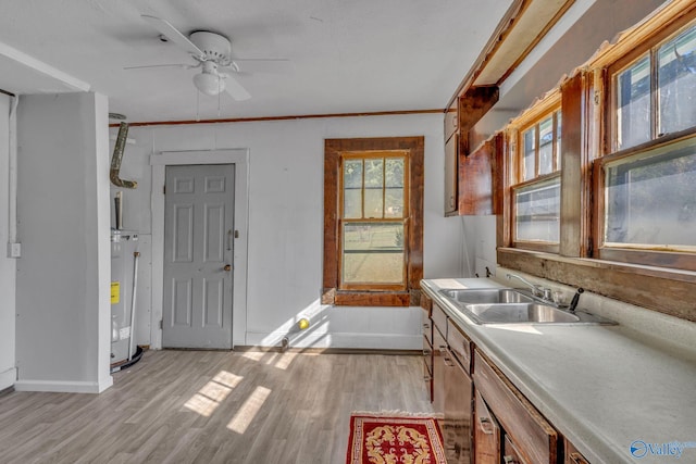 1011 Hermosa Ave, Gadsden, AL 35901 - interior space featuring ceiling fan, light wood finished floors, electric water heater, and a sink