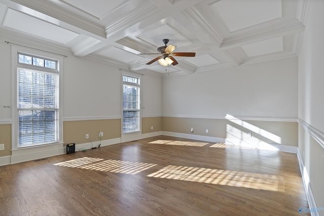 spare room with coffered ceiling, a healthy amount of sunlight, and wood finished floors