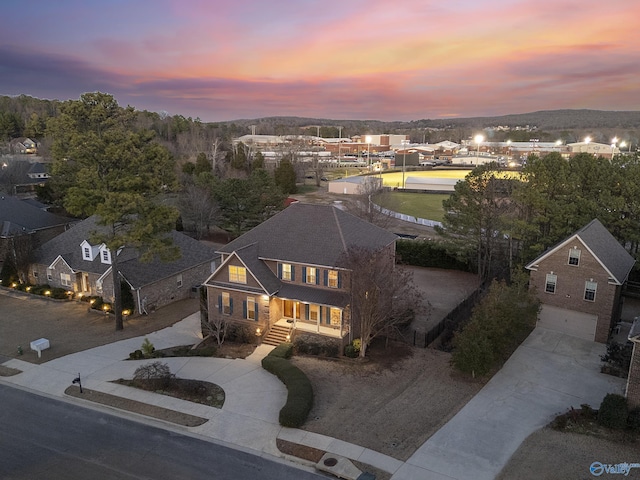 view of aerial view at dusk