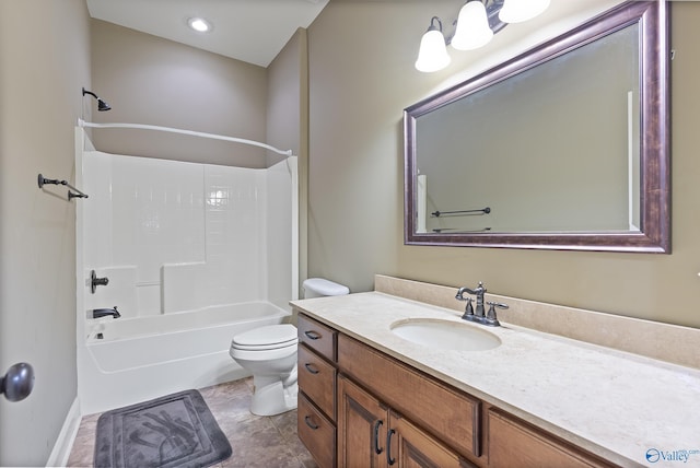 bathroom with shower / washtub combination, tile patterned flooring, vanity, and toilet