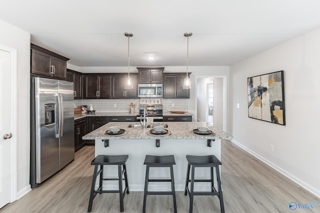 kitchen with appliances with stainless steel finishes, pendant lighting, sink, dark brown cabinets, and a center island with sink