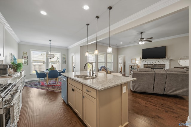 kitchen with dark wood-style floors, light stone countertops, appliances with stainless steel finishes, and a sink