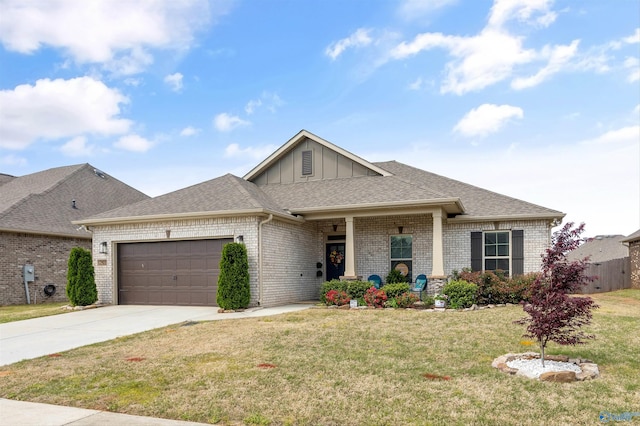 ranch-style house with brick siding, board and batten siding, a front lawn, and an attached garage