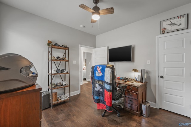 office featuring ceiling fan, wood finished floors, and baseboards