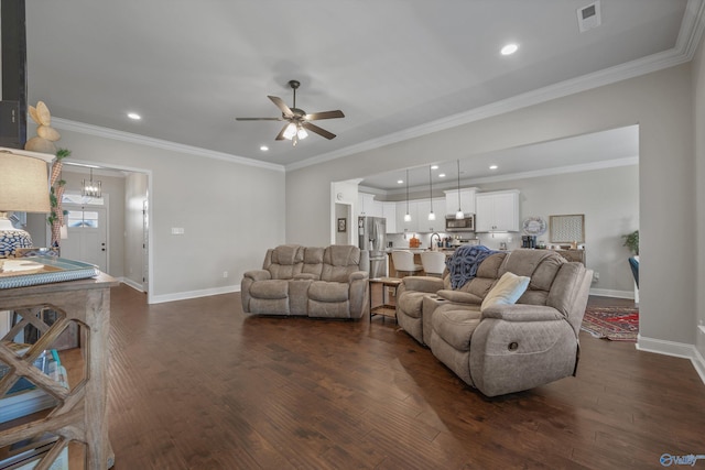 living room featuring baseboards, visible vents, ceiling fan, and dark wood-type flooring